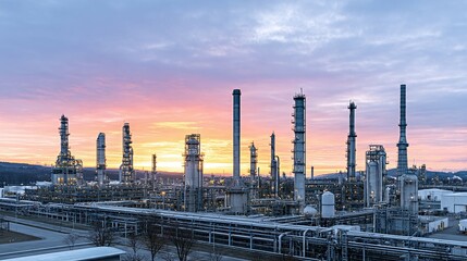 Obraz premium Industrial plant or factory with smokestacks at sunset or sunrise.