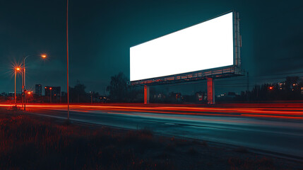 Night view of a roadside billboard lit up, with PNG Transparent Cutout for ad content and personalized branding.