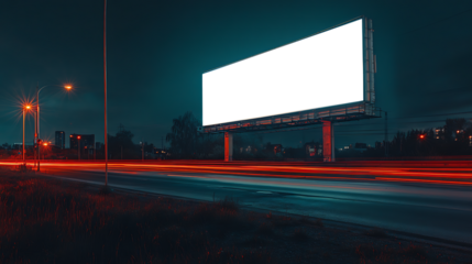 Night view of a roadside billboard lit up, with PNG Transparent Cutout for ad content and personalized branding.