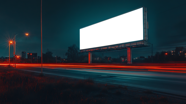 Night view of a roadside billboard lit up, with PNG Transparent Cutout for ad content and personalized branding.