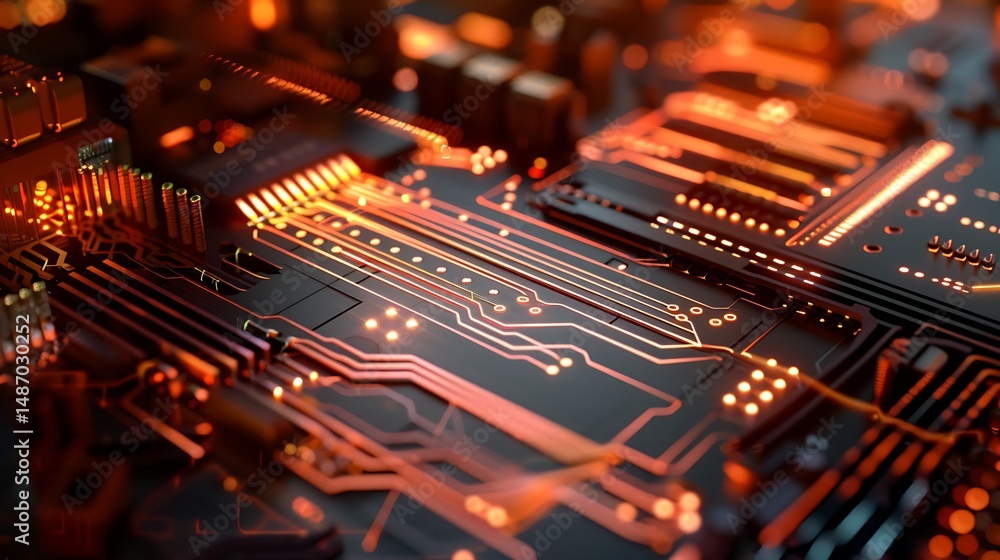 Poster intricate circuit board illuminated with orange light emitting from components
