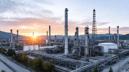 Obraz premium Industrial complex with pipelines and towers against a sunset sky.