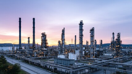 Fototapeta premium Industrial complex with towers pipes and infrastructure under a colorful sky.