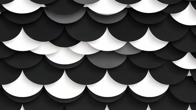 Abstract geometric pattern of overlapping circles in black, white, and grey tones, creating a fish scale or tile effect.  A modern, minimalist design