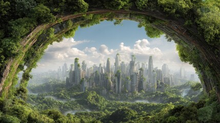 Obraz premium Futuristic Cityscape Surrounded by Lush Greenery and Towering Trees in a Vibrant Natural Environment Under Blue Sky