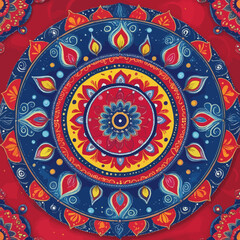 Vibrant Red Blue Mandala Design Artistic Circular Pattern Intricate Detailed Ornament Decorative Ethnic Folk Art Style Traditional Cultural Mandala Background Image yoga paint motif yellow vector     
