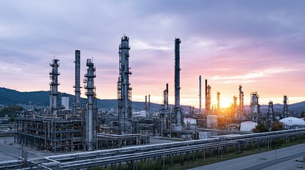 Obraz premium Industrial complex with chimneys and pipes against a sunset sky.