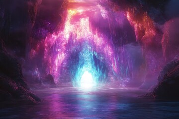 Magical cave with crystal formations and bright light in an ethereal scene. Use for fantasy art, game design, or to add wonder to any creative project.