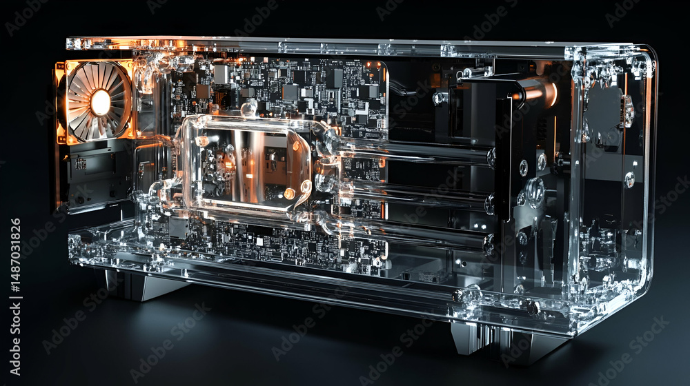 Poster transparent computer hardware with glowing orange internal components
