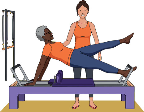 Senior woman exercising on Pilates reformer with female instructor helping and guiding 