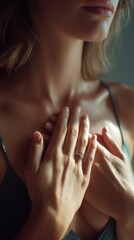 Woman's Hands Gently Touching Chest Soft Skin Close Up Portrait