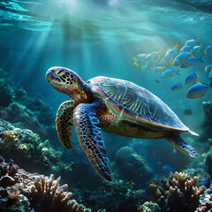 Obraz premium Tortuga Marina Deslizándose Graciosamente Entre los Arrecifes de Coral