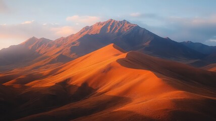 Fototapeta premium Aerial View of Sunlit Desert Mountains at Sunset