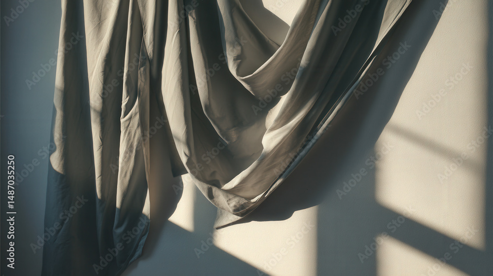 Poster draped gray cloth on wall casting deep shadows in studio setting with soft natural light