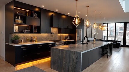 Modern Luxury Kitchen with Black Marble Island and Gold Lighting

