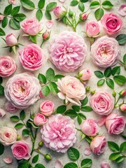 Soft Pink Damask Roses on Floral Background Flat Lay