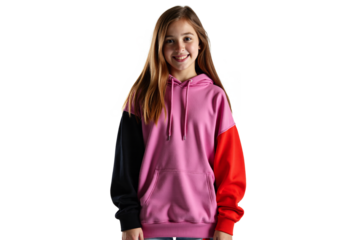 Cheerful teenage girl in trendy color block hoodie with pink body and contrasting black and red sleeves on transparent background, genuine smile expressing youth confidence and casual fashion style