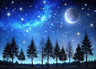 Naklejka premium Silhouetted trees against a vast starry night sky with twinkling stars and a crescent moon