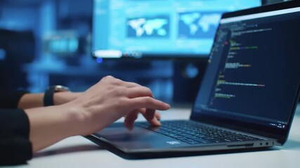 Coding session in a modern office environment with dual monitors and focused programmer at work - Powered by Adobe