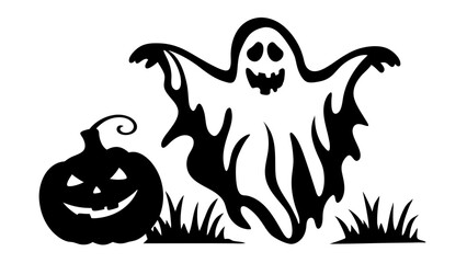 Silhouette of halloween ghost holding a jack-o-lantern pumpkin