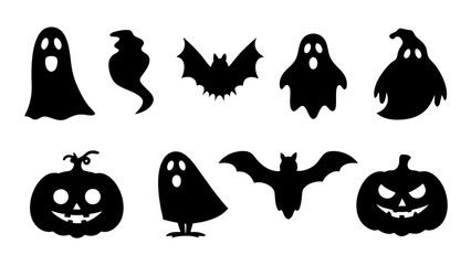 set of halloween icon silhouette vector on tranparent background
