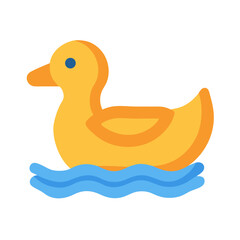 Cute cartoon rubber duck floats on blue water icon