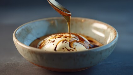 Syrup drizzled over creamy dessert in a ceramic bowl.