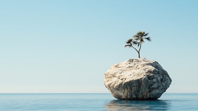Solitary rock, palm trees, tranquil ocean