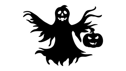 Silhouette of halloween ghost holding a jack-o-lantern pumpkin
