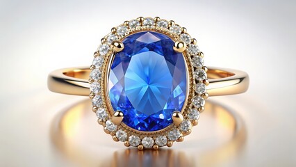 Elegant gold ring featuring a large oval-shaped blue gemstone surrounded by smaller diamonds in a halo setting