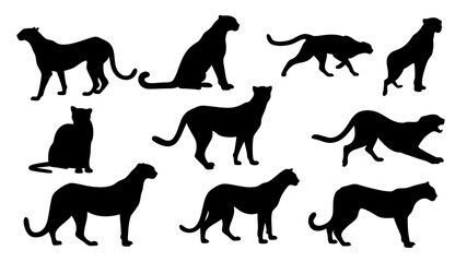 set of cheetahs silhouette vector on tranparent background