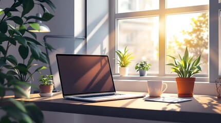 Fototapeta premium Work From Home Desk Setup: Laptop, Plants, Sunlight, and Coffee on Wooden Desk by Window - Cozy Home Office Interior Design