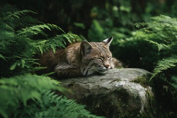 Fototapeta premium Lynx Resting Peacefully on a Mossy Rock