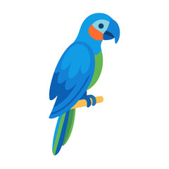 Blue macaw parrot perching on a branch, flat design