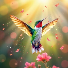 Obraz premium Vibrant Hummingbird in Flight Amidst Pink Blossoms and Sunlight