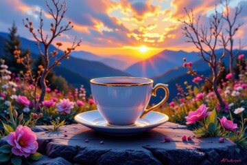Serene Sunrise Mountain Landscape with Teacup and Pink Flowers