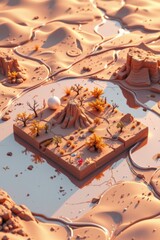 Aerial View of a Desert Island Oasis Cube Shaped Landmass with Miniature Trees and Plants in Beige Sand