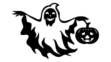 Silhouette of halloween ghost holding a jack-o-lantern pumpkin
