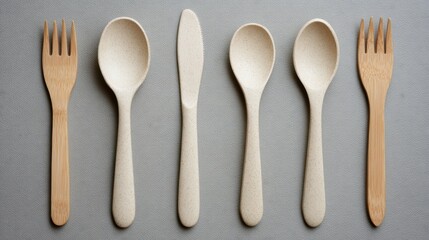 Organic plastic substitute. Sustainable utensils arranged neatly on a textured surface.