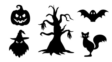 Halloween Spooky set vector art illustration such as pumpkin ghost bat black cat tree and a witch.