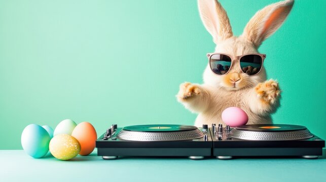 Playful bunny DJ mixes Easter tunes.
