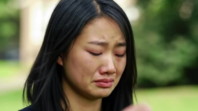 Emotional portrait of woman crying with tears streaming down face, vulnerable moment of grief