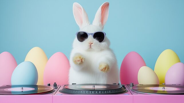 Festive Easter bunny DJ spins tunes with colorful eggs.