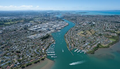 Aerial view of a sprawling urban landscape with a winding river.
