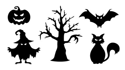 Halloween Spooky set vector art illustration such as pumpkin ghost bat black cat tree and a witch.