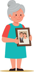 Fototapeta premium Elderly woman holding framed photo of couple in turquoise dress and red sleeves vector illustration 
