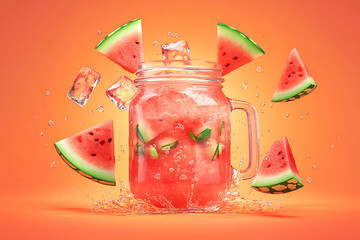 Refreshing watermelon drink in a jar with ice cubes and splashes against an orange backdrop