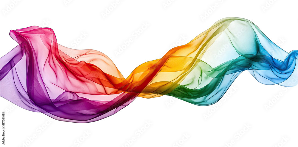 Poster abstract rainbow-colored fabric flowing in a wave-like pattern against a transparent background