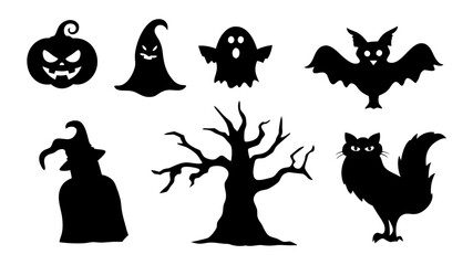 Fototapeta premium Halloween Spooky set vector art illustration such as pumpkin ghost bat black cat tree and a witch.