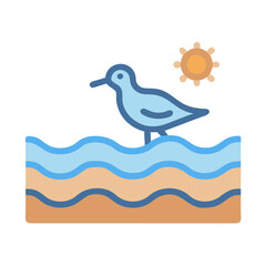 Stylized icon depicting bird standing in water near sun
